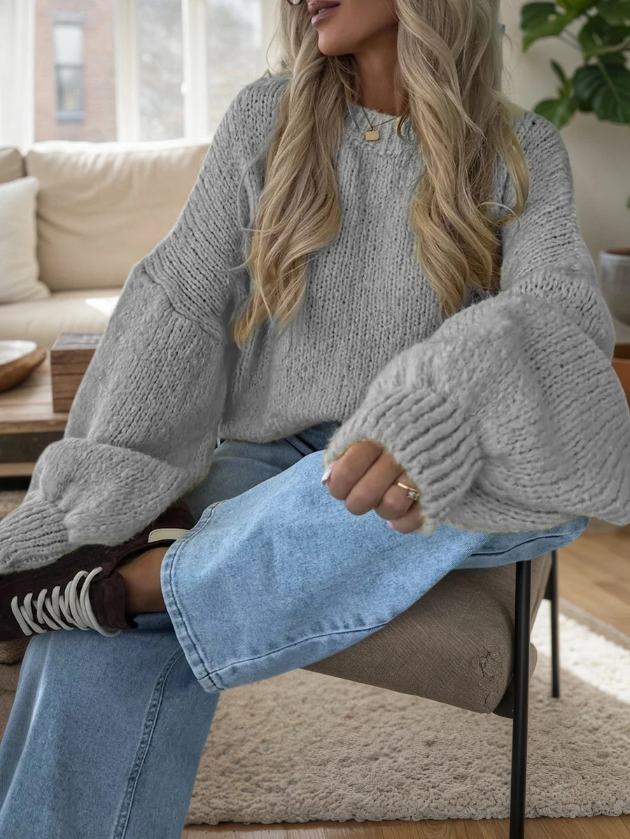 女士春秋季针织圆领长袖毛衣，纯色百搭休闲风，适合返校季、通勤、日常穿着，舒适柔软，米黄色系，少女温柔风格，易于搭配，简约毛衣款式 - 灰色 - 查看 1