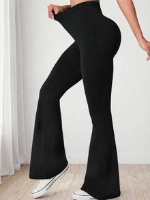 Plus-Size Women's High-Waisted Solid Color Flared Leggings – Slim-Fit Yoga Pants With Slimming Effect For Running, Gym & Daily Workouts - Black - View 2