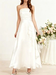 女士无肩带荷叶边及地婚纱 - 白色 - 查看 1