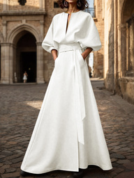 2025春秋新款休闲时尚蝙蝠袖V领不对称腰A字开衩长裙