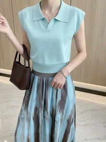 夏季高领女式针织T恤 舒适透气 休闲短袖 - 淺藍色 - 查看 2