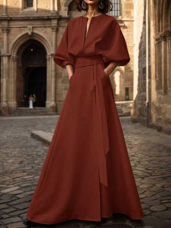 Vestido largo asimétrico con cuello en V, mangas tipo murciélago, cintura asimétrica y abertura, nuevo estilo casual de primavera/otoño 2025