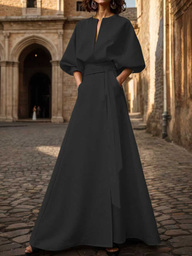 2025 Spring/Autumn New Casual Fashion Batwing Sleeve V-Neck Asymmetric Waist A-Line Split Maxi Dress