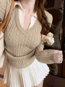 Autumn/Winter Sweet & Sexy Dark Color Contrast Rib Knit V-Neck Fitted Long Sleeve Women Sweater, Suitable For Christmas, New Year, Outings, Commuting, Dates