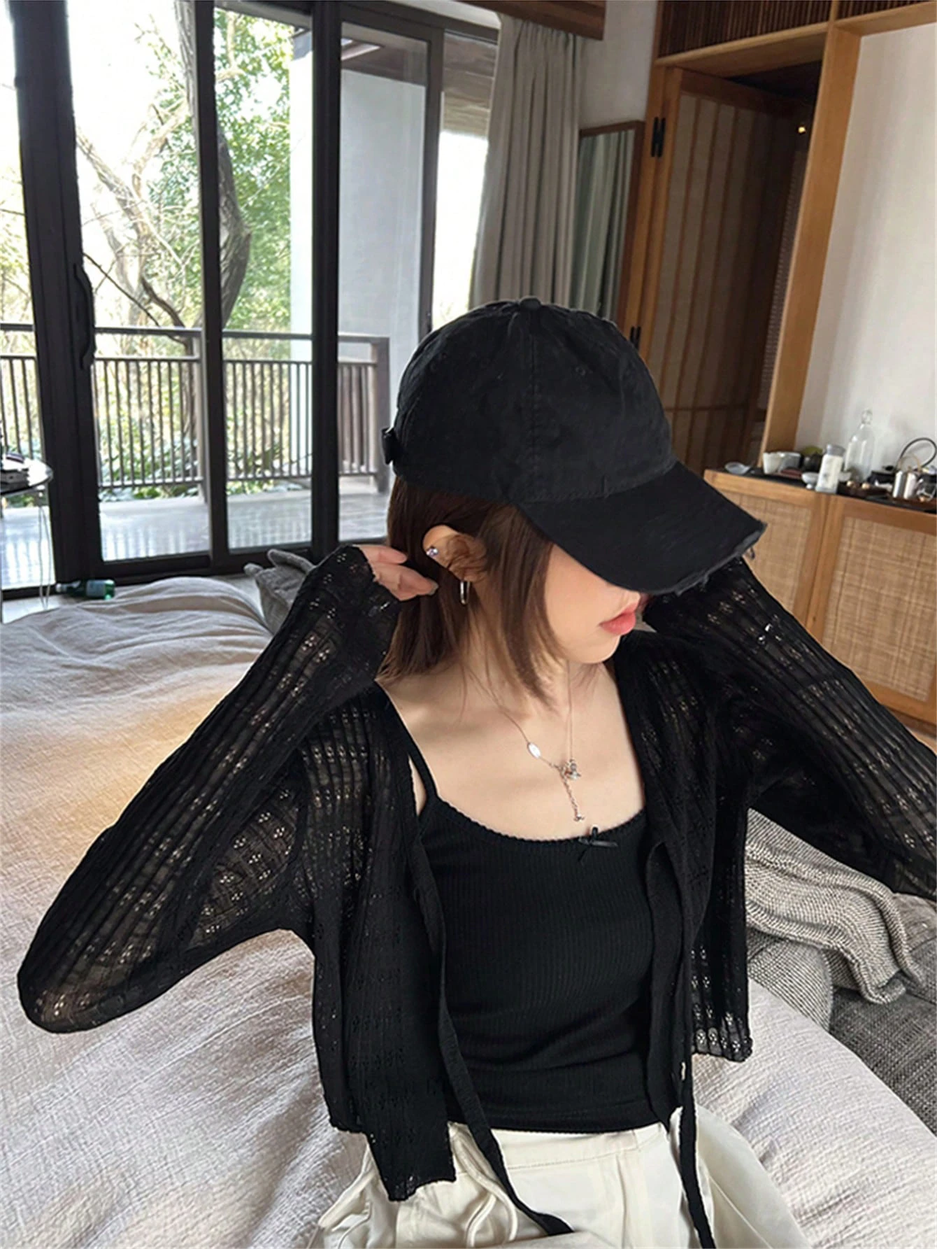 系带开衫透视镂空长袖针织毛衣，短款上衣，适合返校季 - 黑色 - 查看 1