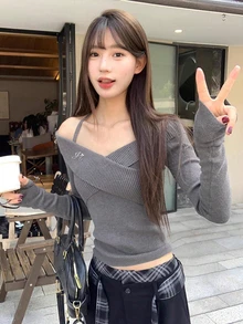 Gray Sexy Cold-Shoulder Knit Sweater For Women, Fitted Design Long Sleeve Pullover Top, Suitable For Winter, Christmas, Spring Festival - Grey - View 1