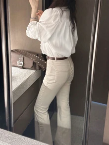 Áo sơ mi nữ tay dài màu trắng, kiểu dáng thanh lịch cổ điển Pháp, điểm nhấn bèo nhún, thích hợp mặc công sở, mùa thu/đông xuân. - trắng - Xem 2