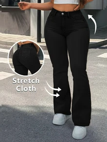 Women's Denim Jeans, Plus Size Denim Jeans, High Waist Denim Jeans, Lifting Waist Denim Jeans, Blue Stretch Denim Jeans, Casual Minimalist Style, Slim Fit Denim Jeans, Flare Leg Denim Jeans - Black - View 2