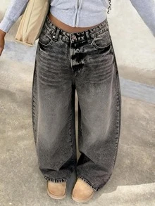 Wanduyini Women Casual Wide Leg Denim Jeans Distressed Long Non-Stretch With Button And Pocket - Dark Grey - View 1