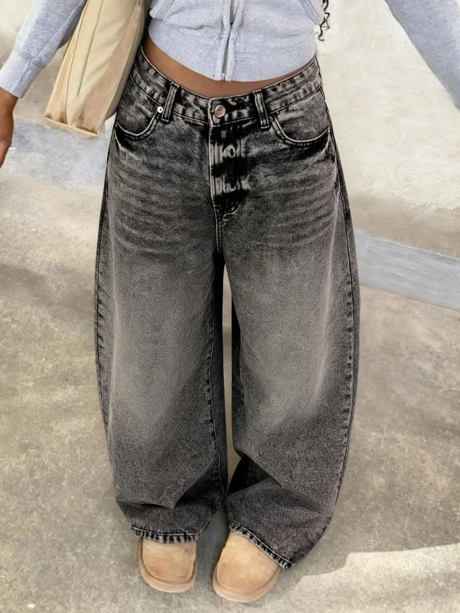 Wanduyini Women Casual Wide Leg Denim Jeans Distressed Long Non-Stretch With Button And Pocket - Dark Grey - View 1