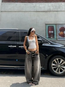 Wanduyini Women Casual Wide Leg Denim Jeans Distressed Long Non-Stretch With Button And Pocket - Dark Grey - View 2