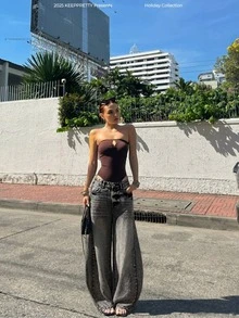 Wanduyini Women Casual Wide Leg Denim Jeans Distressed Long Non-Stretch With Button And Pocket - Dark Grey - View 4