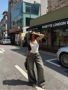 Wanduyini Women Casual Wide Leg Denim Jeans Distressed Long Non-Stretch With Button And Pocket - Dark Grey - View 3