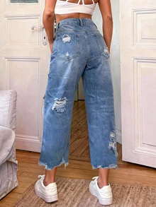 欧美时尚弹力水洗做旧直筒九分牛仔裤，裤脚毛边设计，女款 - 藍色 - 查看 2