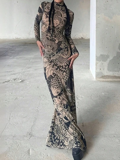 カラーブロック パーティー ナイトクラブ ストリート スリムフィットドレス、ハイネック シアー 長袖 プリントシフォンドレス、春夏