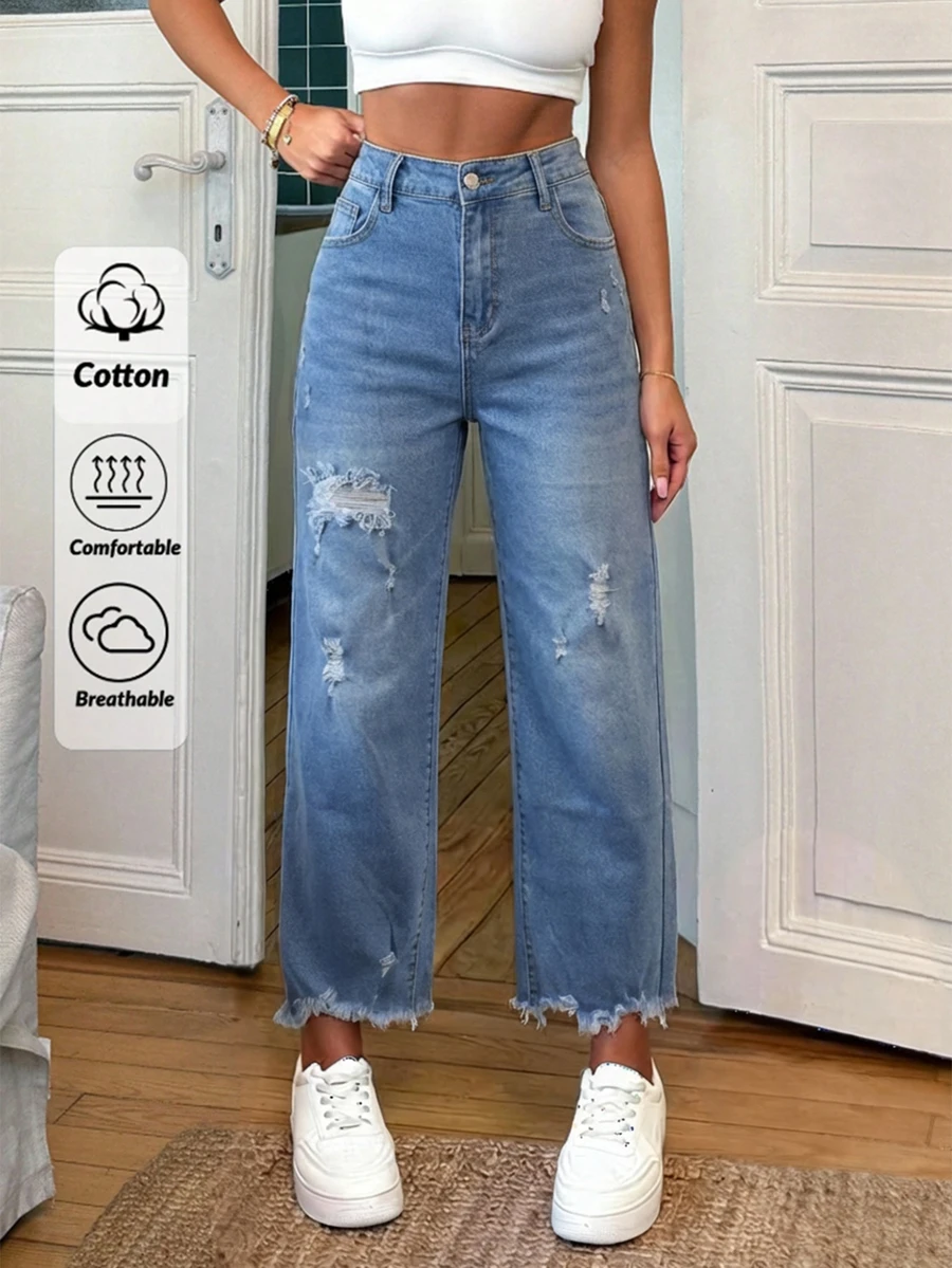 欧美时尚弹力水洗做旧直筒九分牛仔裤，裤脚毛边设计，女款 - 藍色 - 查看 1