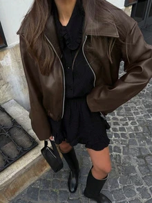 Women's Retro Collar Long Sleeve Minimalist PU Leather Loose Jacket, Women's Fashion New Distressed Leather Jacket, Autumn Solid Color Zipper Long Sleeve Vintage PU Jacket