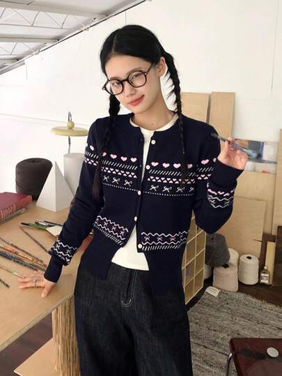 秋冬 リボン ハート柄 ジャカード ニットカーディガン レディース、かわいい&スウィート、お出かけ、デート、クリスマス&新年の衣装に適しています