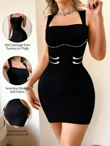 无缝弹力紧身连衣裙 - 女士方领修身迷你连衣裙 - 黑色 - 查看 1