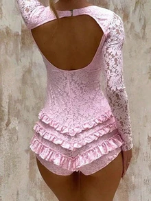 性感纯色修身蕾丝镂空露背连体裤，长袖低领派对礼服，女士春季款