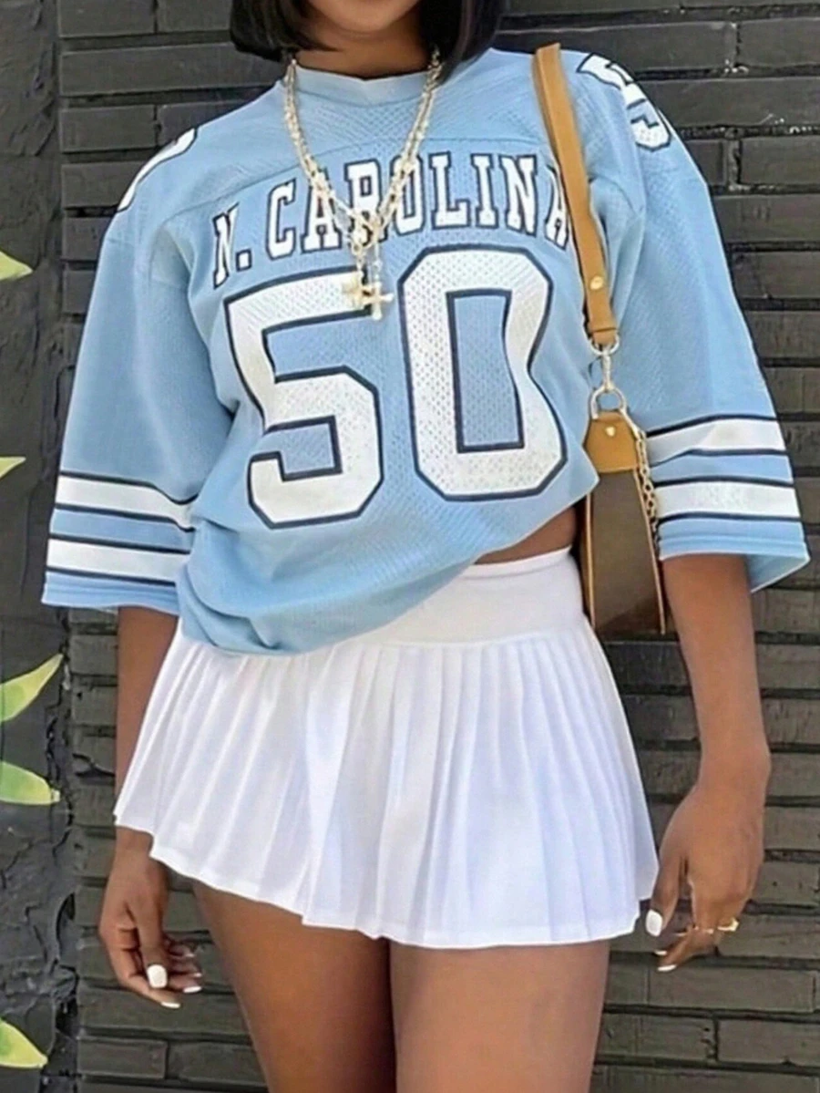 女士休闲蓝色字母印花T恤，圆领，短袖，原宿风，足球衫，街头风，Y2K宽松上衣，夏季 - 藍色 - 查看 1