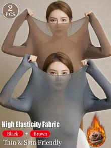 2件装女士无缝黑色上衣，超薄纯色保暖内衣，温暖舒适，长袖圆领无缝打底衫，修身高弹米色打底衫，透明上衣，休闲纯色轻薄保暖，适合秋冬季节，轻薄基础打底衫，时尚日常穿着，内衣睡衣