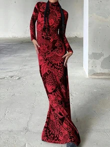 撞色派对夜店街头风修身连衣裙，高领薄纱长袖印花雪纺连衣裙，春夏款