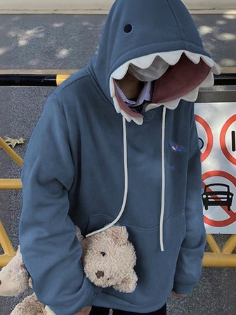 Women's Solid Color Loose Hoodie, Long Sleeve Drawstring Pocket Shark Print Casual Streetwear, Autumn