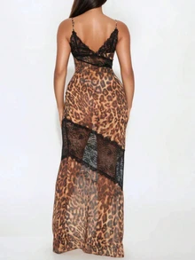 性感修身拼接连衣裙，无袖薄纱蕾丝豹纹长裙，适合派对穿着，优雅夏季之选 - 棕色 - 查看 7