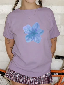 新款时尚女式柔软百搭休闲花卉印花圆领 T 恤，春夏季 - 紫色 - 查看 2