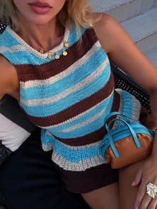 FOR BEAUTY 女士新款春夏条纹背心，休闲度假风，圆领无袖针织上衣，荷叶边下摆，沙滩度假旅行上衣，夏季女装 - 彩色 - 查看 1