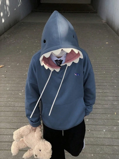 Women's Solid Color Street Style Loose Hoodie, Long Sleeve Drawstring Pocket Shark Print Casual Sweatshirt, Autumn