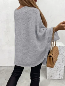 Áo len nữ tối giản, màu trơn, tay cánh dơi, cổ tròn, dệt kim, thích hợp cho năm mới. - Xám - Xem 2