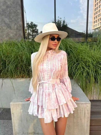 Women's Spring New Dress, Small Stand Collar, 3/4 Sleeve, Bell Sleeve, Pink Floral Print, Vacation Casual Elegant Button Decor Belted A-Line Dress