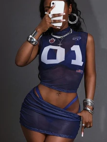 3pcs/Set Summer Mesh Sheer Dress Outfit, Floral Print Off-Shoulder Sexy Birthday Party Dress - Blue - View 5