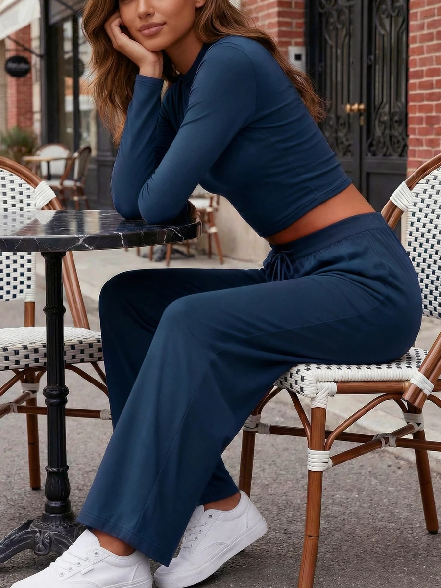 Women's Casual Solid Color Crew Neck Long Sleeve Top And Pants Set, Fashion Suit, Professional Commuter Outfit, Casual Elegant, Commute, Work Uniform, Women's Sportswear, Women's Set, Casual Set, 2 Pieces Set - Blue - View 1