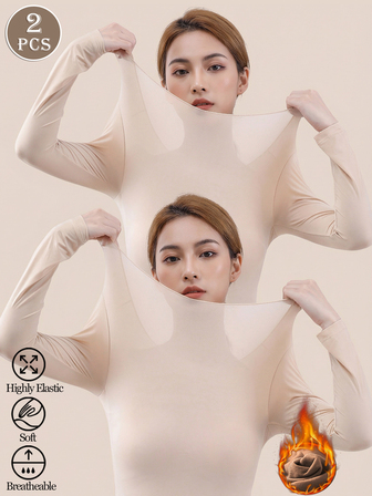 2 st sömlösa långärmade toppar för kvinnor, ultratunna enfärgade termiska underkläder, varma och bekväma långärmade rund halsringningar, sömlösa underställ, smal passform, hög stretchig beige transparent topp för kvinnor, avslappnad enfärgad lättviktig varm höst/vinter