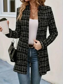 Women's Fashionable Elegant Black And White Plaid Open Front Mid-Length Sleeve Cardigan