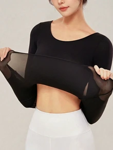 2pcs Women Seamless Black Tops, Ultra-Thin Solid Color Warm Underwear, Comfortable Long Sleeve Crew Neck Seamless Base Layer, Slim Fit High Elasticity Beige Undershirt, Transparent Tops, Casual Solid Color Lightweight Warm, Suitable For Autumn/Winter, Thin Basic Undershirt, Fashionable Daily Wear, Underwear & Sleepwear - Multicolor - View 2