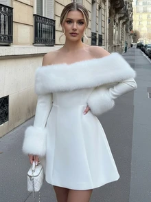 女士纯色针织长袖仿毛领性感优雅节日连衣裙，适合圣诞节 - 白色 - 查看 1