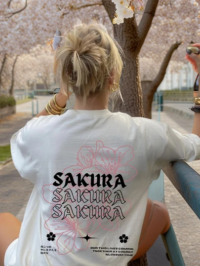 夏季新款简约时尚日系浪漫樱花字母印花休闲圆领白色短袖T恤，百搭且适合女性