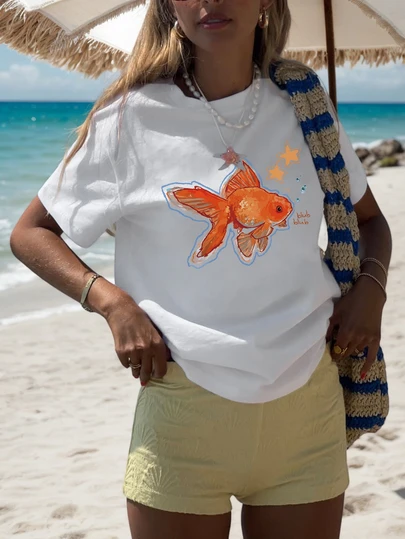 Summer New Simple Fashion Orange Goldfish & Star Bubble Print Casual Round Neck Short Sleeve T-Shirt, Versatile & Suitable For Women