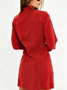 优雅红色灯芯绒衬衫裙，女士长袖纽扣中长连衣裙，带口袋，修身梭织面料，春季款 - 紅色 - 查看 2