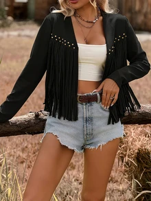 Women's Western Style Rivet Fringe Jacket - Black - View 1