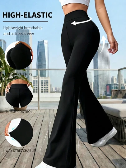 Plus Size Women High Waist Black Flare Pants, Elastic Lifting Tight Yoga Pants, Suitable For Gym, Outdoor, Running, Casual Wear, Exercise, Jogging Sports Trousers