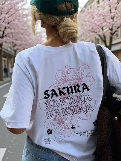 Summer New Simple Fashion Japanese Romantic Cherry Blossom Letter Print Casual Round Neck White Short Sleeve T-Shirt, Versatile & Suitable For Women
