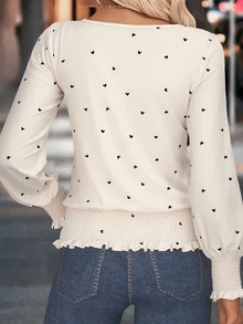 女士爱心印花泡泡袖露脐上衣 - 彩色 - 查看 2