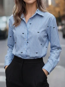 Women's Bow Tie Striped Print Long Sleeve Shirt, Button Front, Shirt Collar, Casual Top, Suitable For Spring, Autumn And Winter - Blue - View 9