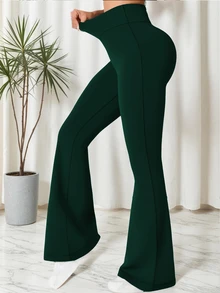 Casual Pants, Leggings, High Waist Sports Pants, Summer Wide Leg Yoga Running Training Flared Pants, Elastic Waistband, Stretchy Work Pants, Skinny Pants - Dark Green - View 3