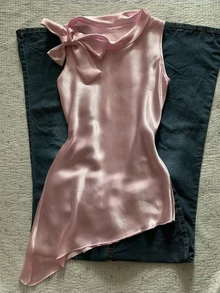 女士纯色打结领不对称下摆无袖优雅衬衫粉色夏季 - 粉色 - 查看 1